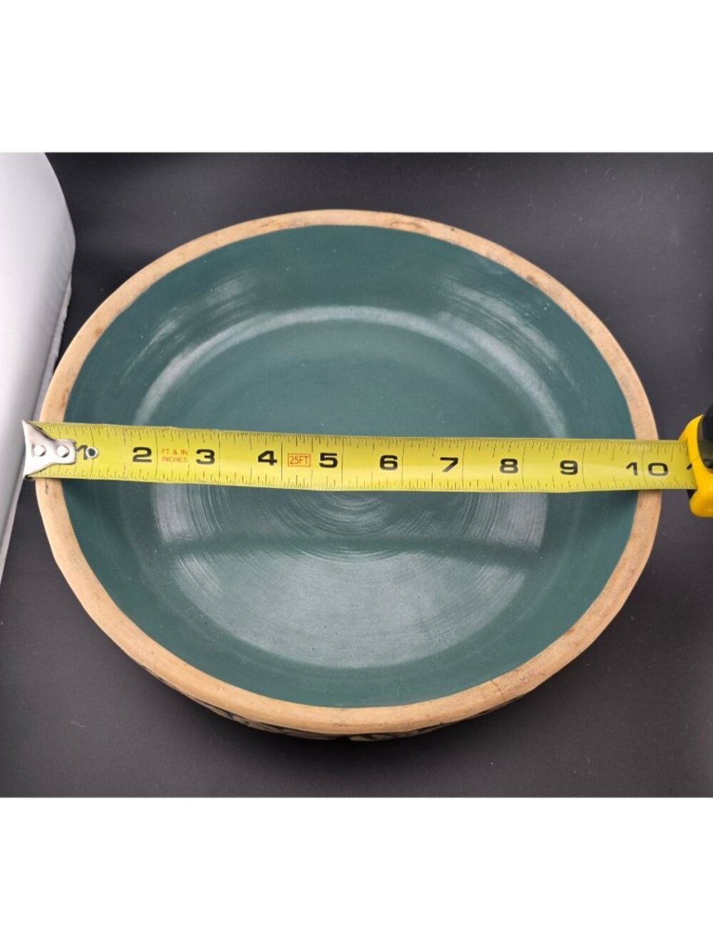 Vintage Clay City Pottery 10" Green Bowl Pie Plate Floral Embossed Rim - Picture 7 of 13